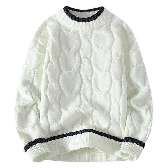 Hinvhai Knit Sweater Men Vintage Chunky Cream Sweater Men Woven Crewneck Knitted Pullover White 10(XL)