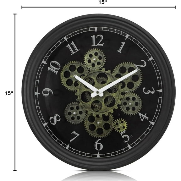 15 Inch Real Moving Gear Wall Clock, Vintage Industrial Steampunk Metal Clock for Living Room, Kitchen, Office Decor