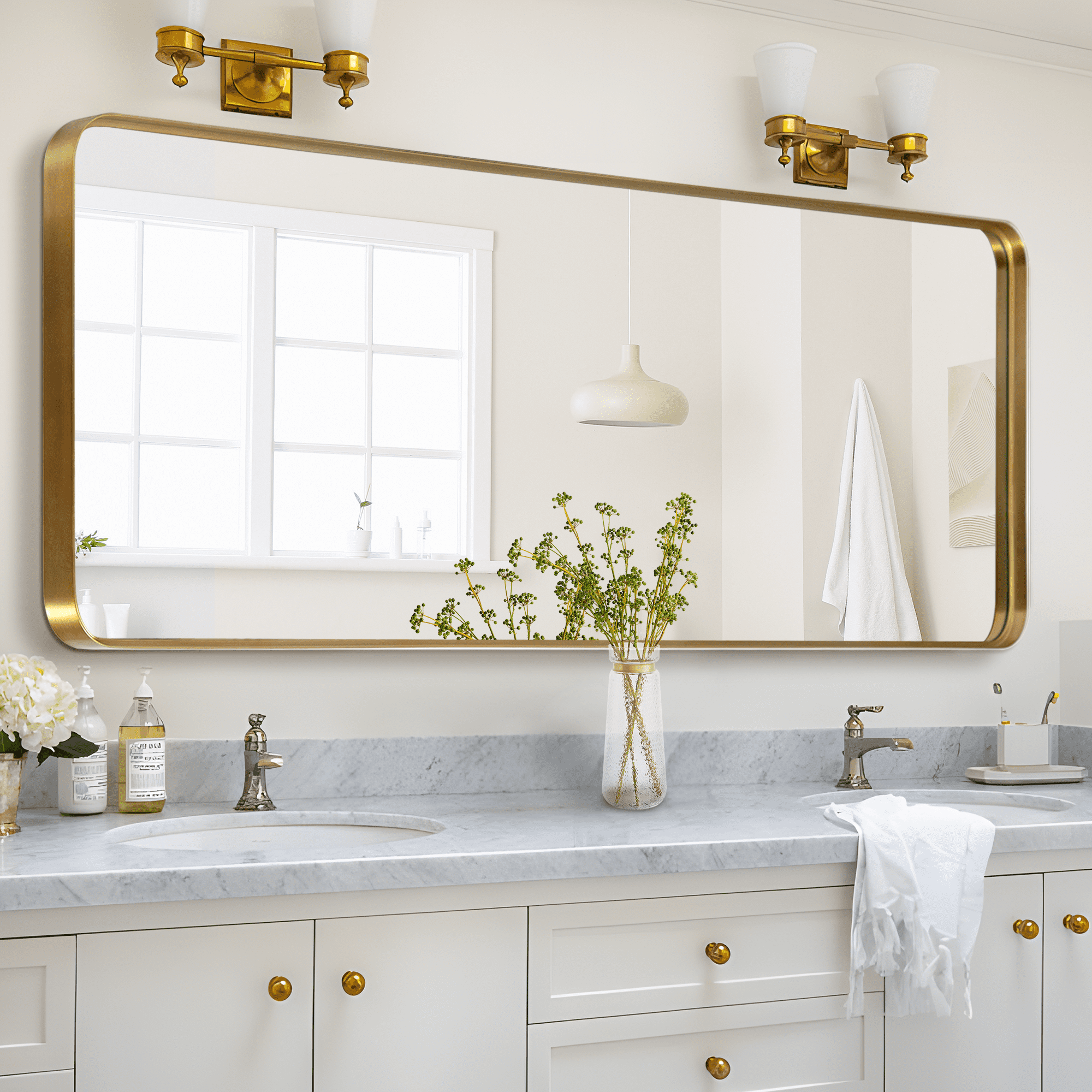 71"x32" Aluminum Alloy Wall Mount Rounded Corner Rectangular Mirror,Gold no stand