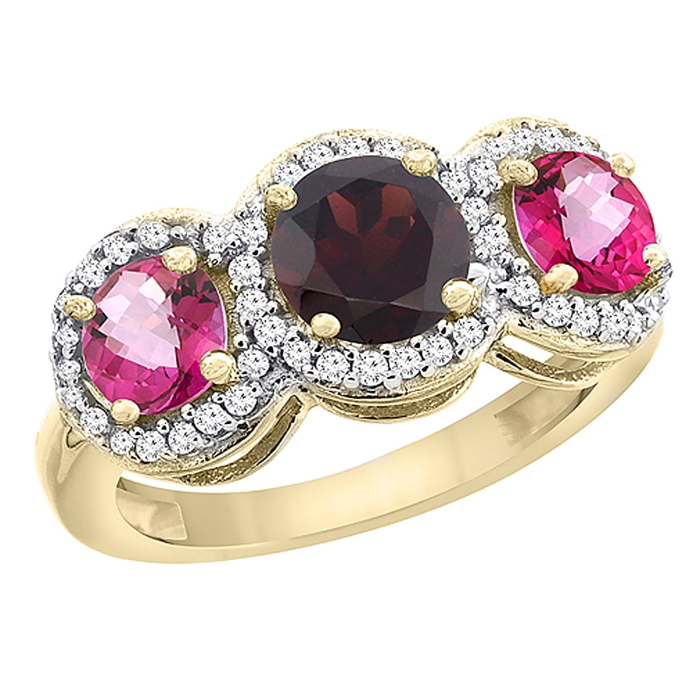 10K Yellow Gold Natural Garnet & Pink Topaz Sides Round 3-stone Ring Diamond Accents, sizes 5 10 by WorldJewels