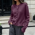 thumbnail image 3 of XUNKUSGA Women Crew Neck Ruffle Trim Knit Cardigan Fashion Pearl Button Front Long Sleeve Cropped Cardigan Sweaters for Women Soft Stretchy Cardigan for Women Wine Free Size, 3 of 7