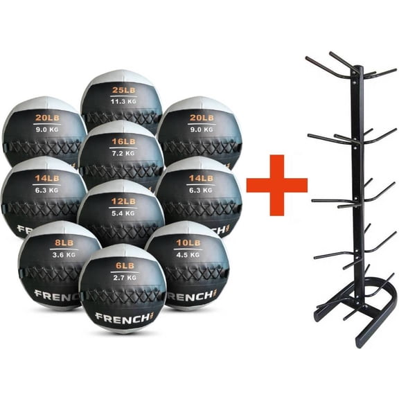 French Fitness Soft Medicine Wall Ball Set of 10 (6 to 25 lbs) w/Rack (New)