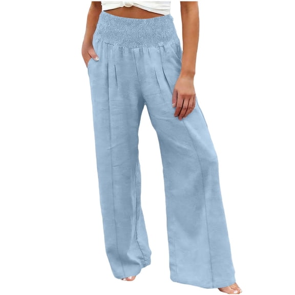 Wide Leg Casual Pants for Women Elastic High Waisted Regular Fits Long Pants with Pockets Summer Loose Vacation Pants ,Light Blue,S