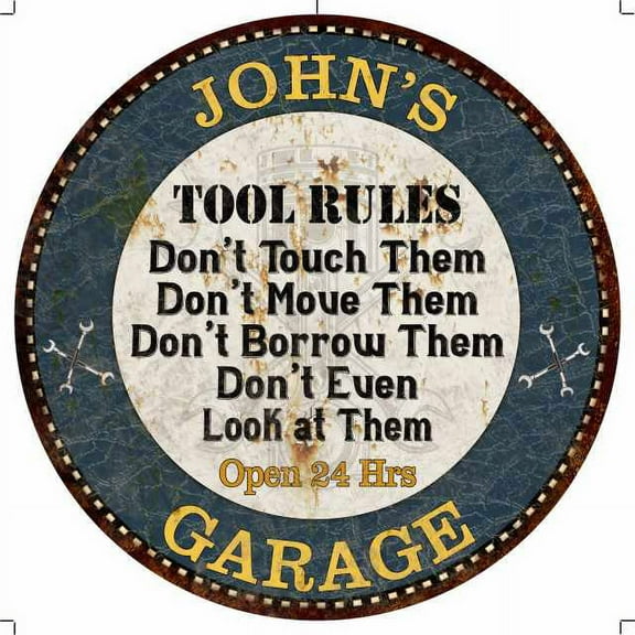 JOHN'S Garage Rules 12" Round Metal Sign Garage Bar Wall Décor 100140015073