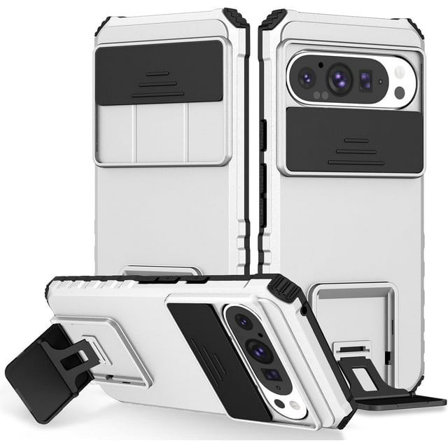 KOMI Compatible with Google Pixel 9/Pixel 9 Pro Case, Built in Slide Camera Lens Cover, Invisible Kickstand,Shockproof Full Body Protective Phone Cover (White)