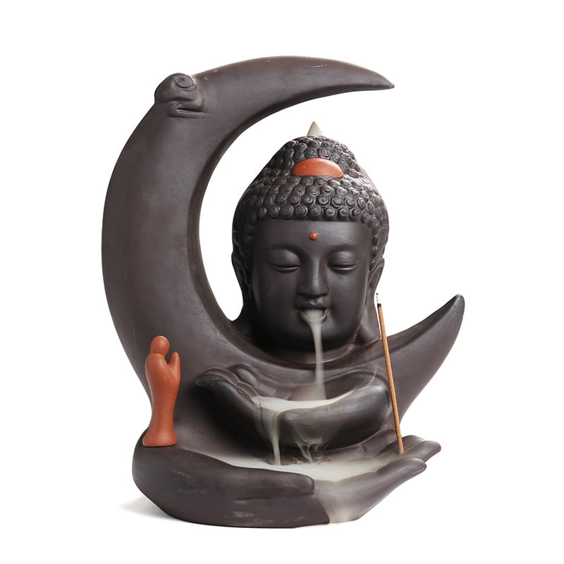 Buddha Incense Burner Backflow - Zen Ceramic Cone Incense Waterfall Burner, Moon Smoke Fountain Incense Holder with Cones & Tweezer & Fire Mat for Aromatherapy/Yoga/Home/Room/Office Deco