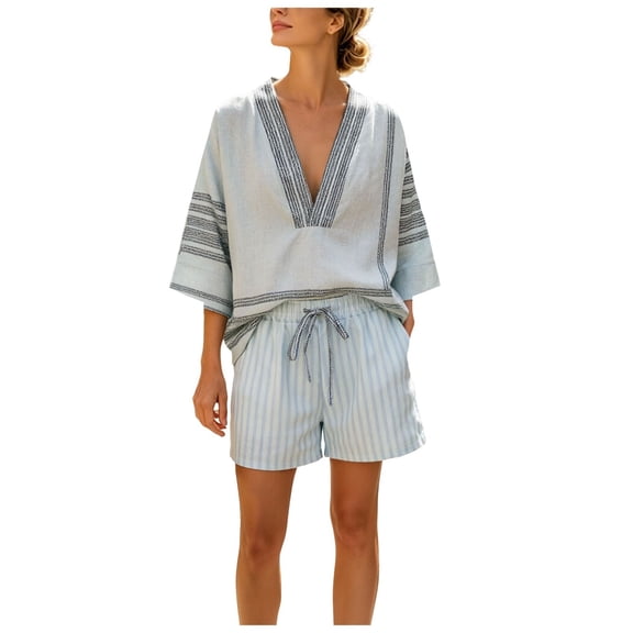 QGJZVUNL Two Piece Lounge Set for Women Boho Summer Outfits Loose V Neck Top and Shorts Vacation Clothes Size 3XL