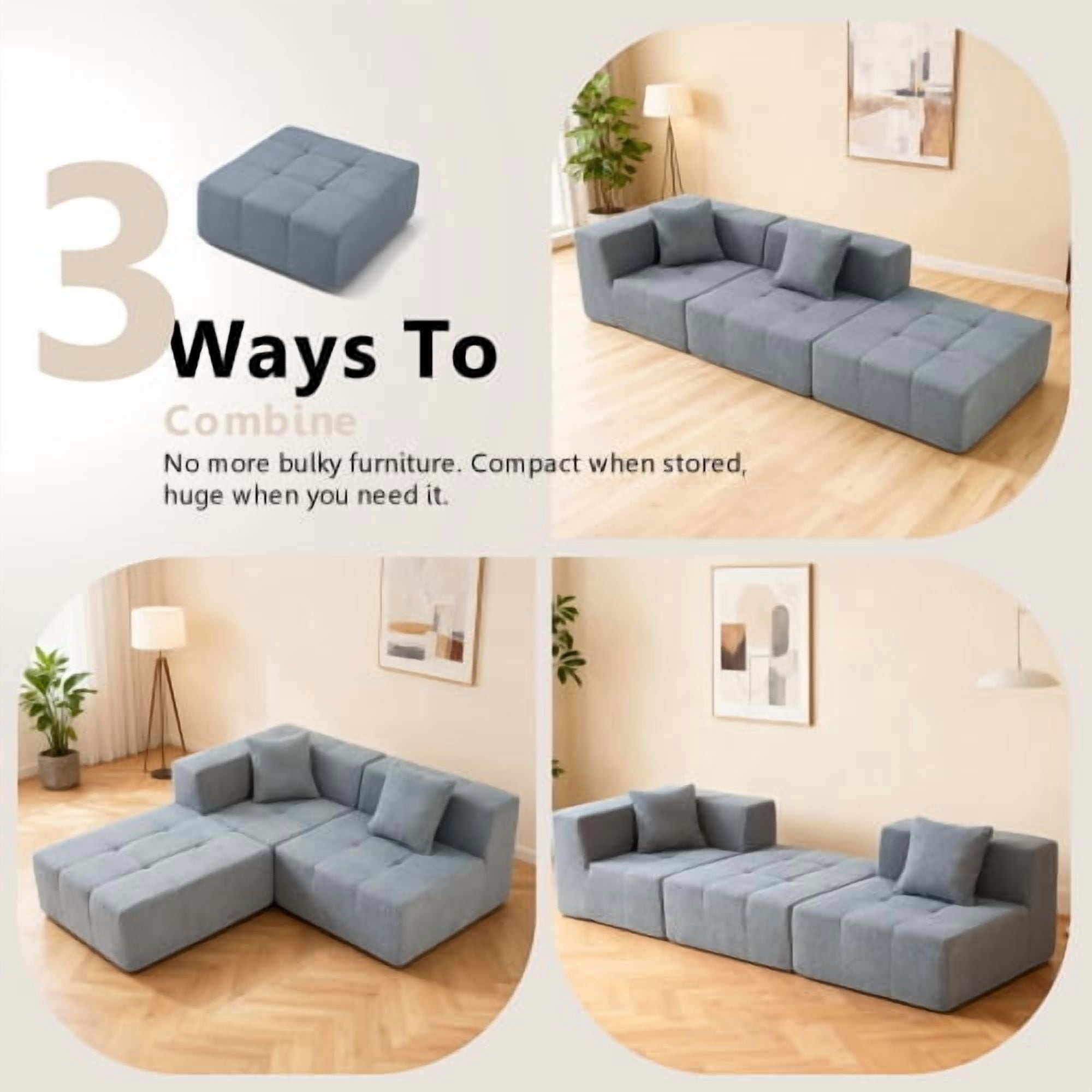 Howcool 106" Boneless Cloud Couch, U-Shaped Modular Compression Sofa Bed, Foldable Floor Sofa with Deep Seat, Foam Couch No Assembly, 3 Seater, Grey