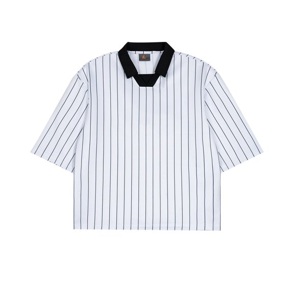 Men's Pinstripe Polo T-Shirt, Loose Short Sleeve Top with Contrast White Collar
