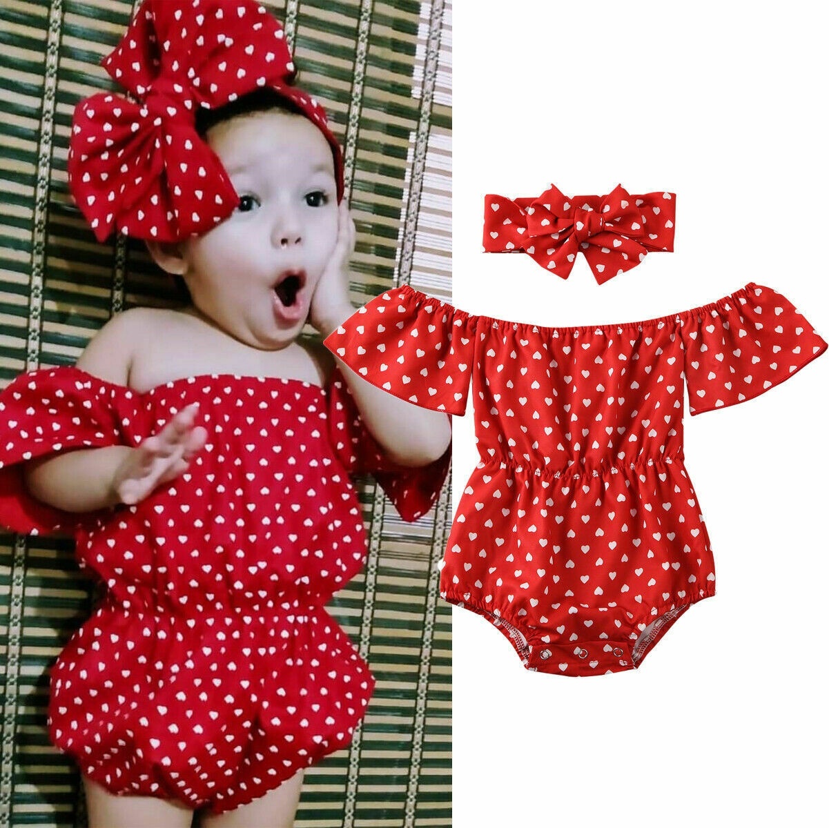 Infant Baby Girls Polka Dots Romper Jumpsuit Headband Outfits Summer Cloth Set