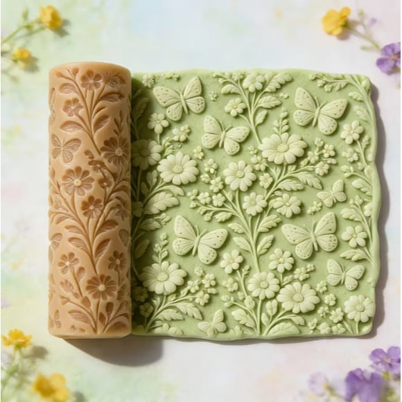 Butterfly Wildflower Texture Roller for Embossing Polymer Clay - Ideal for Ceramics, Pottery, Jewelry Making, and Artistic Designs