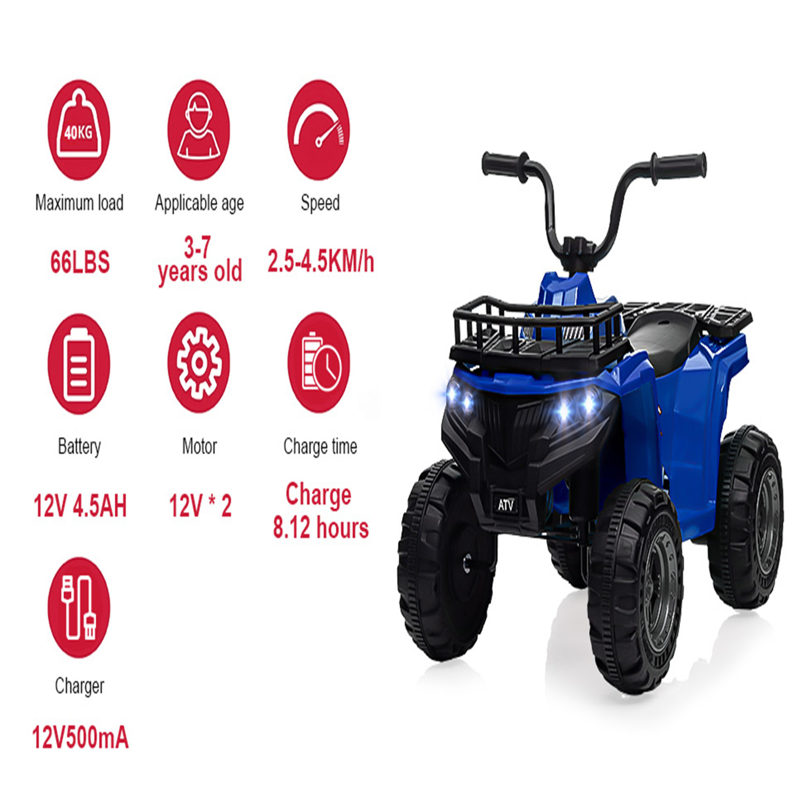 Sakiyr 12V Kids Ride On ATV, Battery Powered Electric Vehicle with Led Light, 4-Wheeler Quad ATV Play Car 2 Speeds for Boys Girls