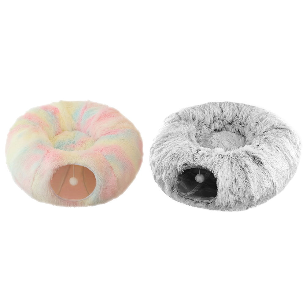 Cat Tunnel Bed with Central Washable Cushion - Large Cat Tunnel Tube Toys 3 Shape to Play for Indoor Cats Kittens Puppies, Round Plush Fluffy Cat Bed