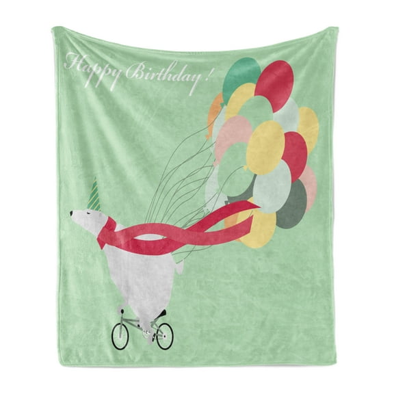 Polar Bear Soft Flannel Fleece Throw Blanket, Happy Birthday Party Theme with Colorful Balloons Bear on Bike, Cozy Plush for Indoor and Outdoor Use, 50" x 70", Pale Green Multicolor, by Ambesonne