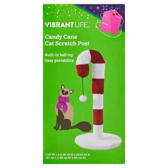 Vibrant Life Holiday Candy Cane Cat Scratch Post with Ball Toy, Red and White, 11.81" x 11.81" x 23.62"