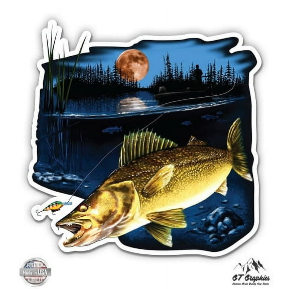 Walleye Fishing - 3" Vinyl Sticker - For Car Laptop I-Pad Phone Helmet Hard Hat - Waterproof Decal