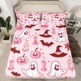 thumbnail image 2 of Homewish Pastel Halloween Ghost Bed Sheets,Bat Candle Pumpkin Pattern Full Size Sheets,Light Pink Brown,4pcs,1 Flat Sheet,1 Fitted Sheet and 2 Pillowcases, 2 of 6