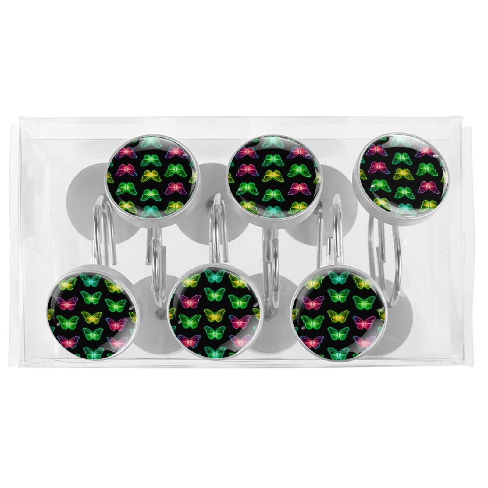 12pcs Decorative Shower Curtain Hooks, Rust Resistant Shower Rings for Bathroom Living Room,Rustproof Stainless Steel Rings for Shower Curtain and Liner Rods,Neon Light Butterflies