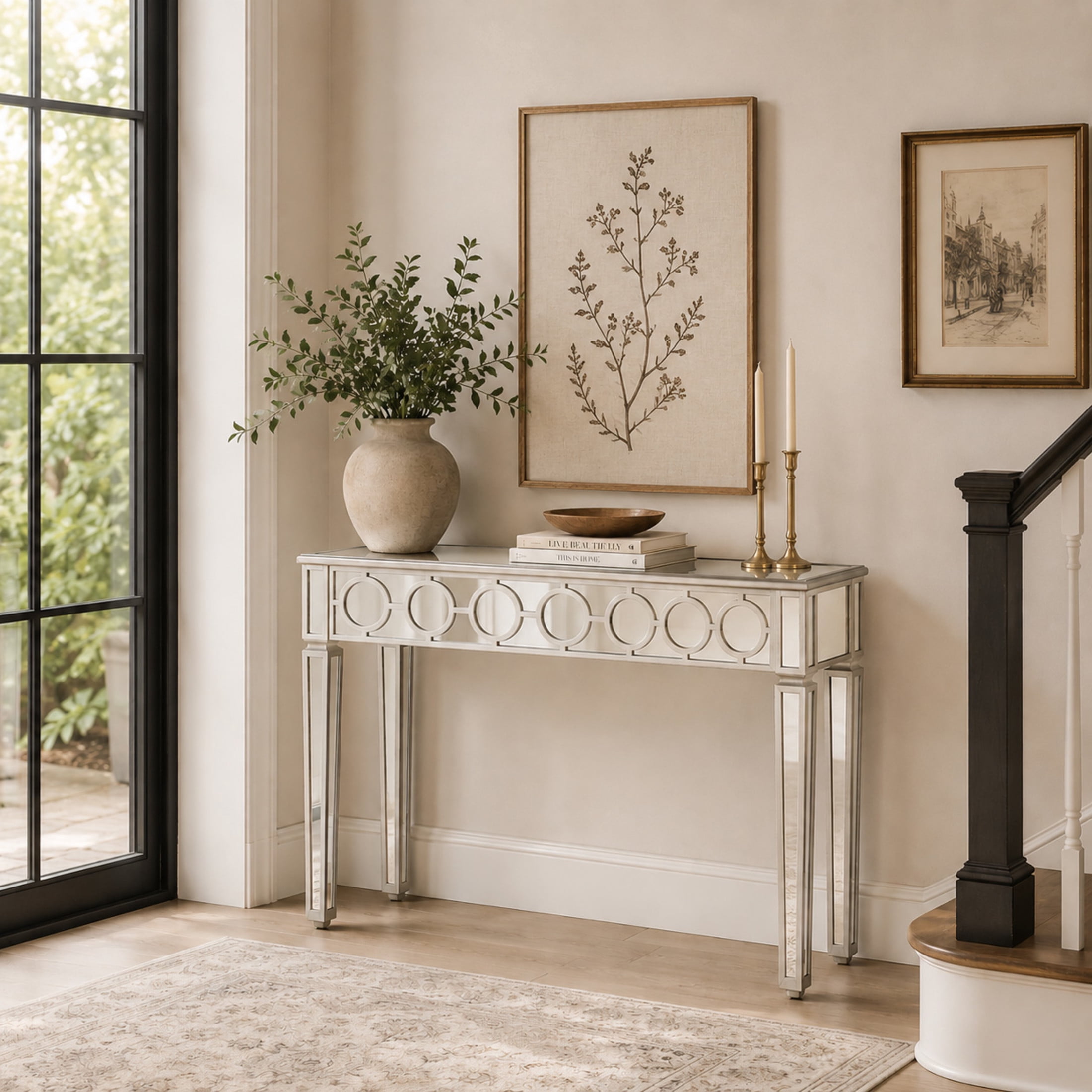 DecMode 47" x 32" Silver Glass Mirrored Geometric Console Table with Circular Panel Inlay, 1-Piece