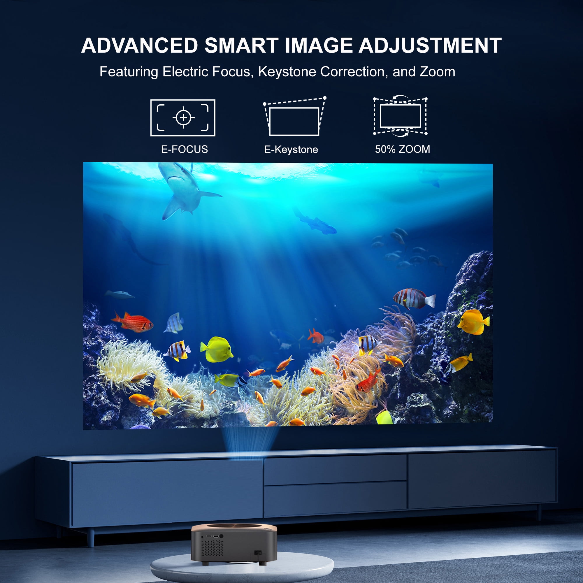 Smart Projector, 4K Projector Android TV 12.0 32GB Built-in Netflix, Youtube, Outdoor Projector with 5G WiFi Bluetooth, Electric Focus/Keystone, ZOOM, Max 300”, HDMI/USB/TV Stick/Laptop/PS5 Supported