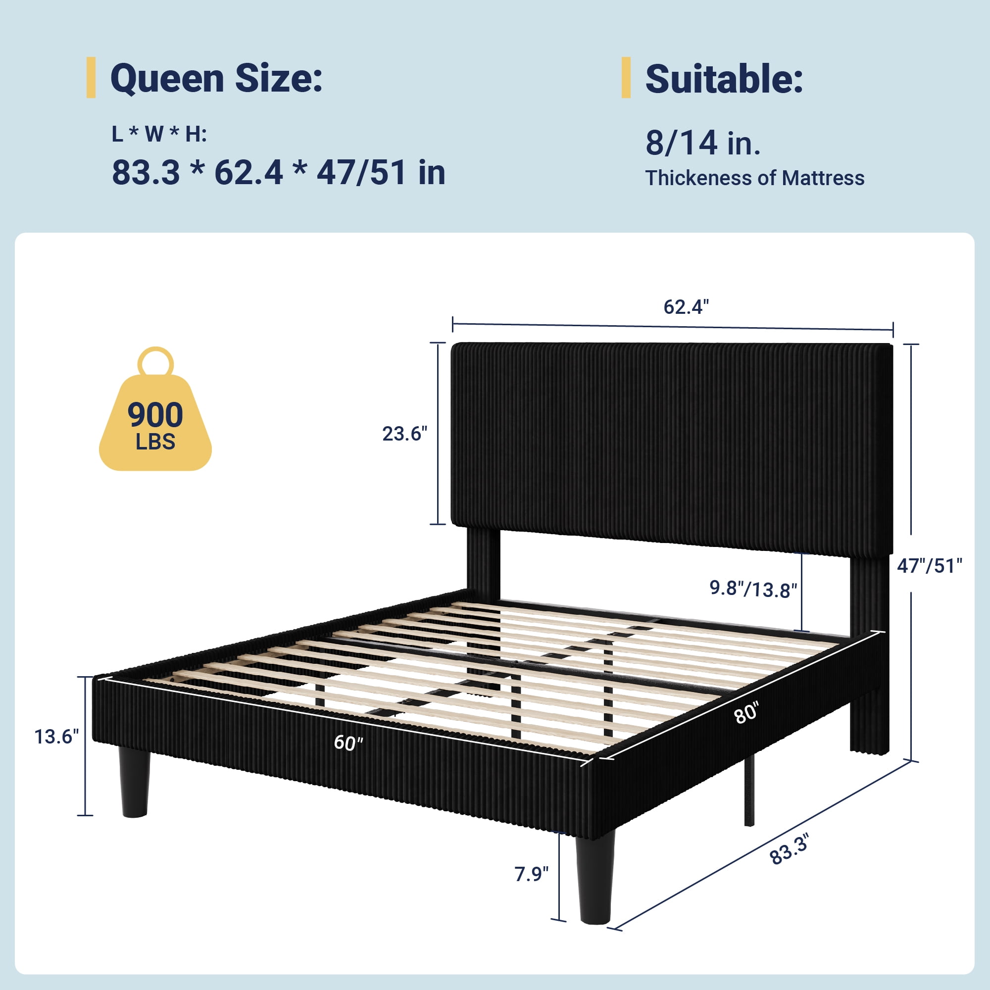 Allewie Queen Size Upholstered Bed Frame with Vertical Channel Tufted Headboard, Soft Corduroy Fabric Platform Bed, Black