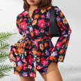 thumbnail image 3 of Robe Courte Plissée pour Femme à Imprimé Floral, Décolleté en V Profond, Robe d'Été à Manches Longues, Cordon de Serrage, Robe Chemise à Nouer, Tenue de Boîte de Nuit, Noir Floral, S, 3 of 7