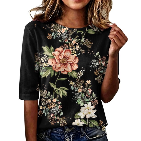 Domzest Womens Half Sleeve Tops Lightweight Boho Floral Graphic Shirts Crew Neck Loose Fit Summer Fall Tunic Tops Black L