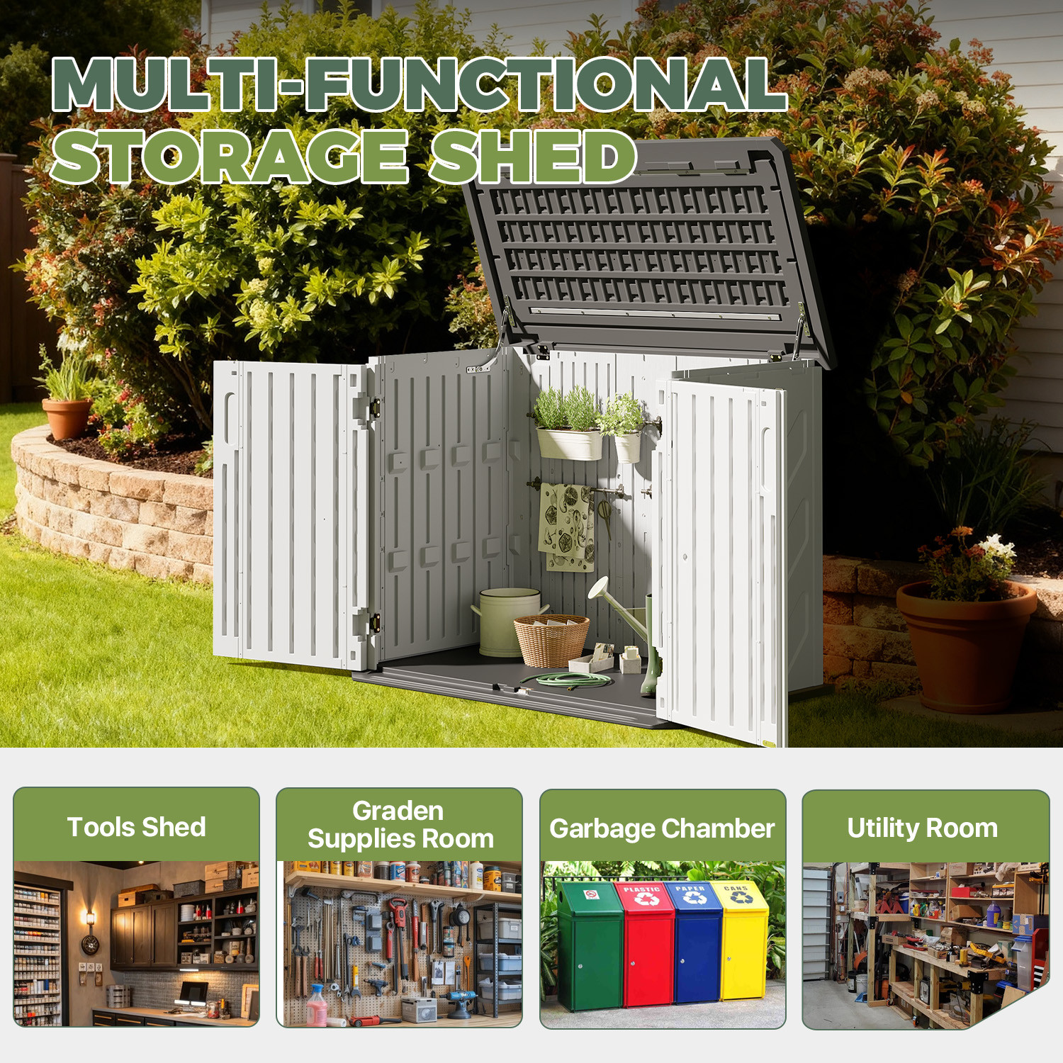 BaPiPro 24 Cu.ft Outdoor Storage Cabinet, Resin Shed with Floor, 4.5'x2.5' Waterproof Plastic Storage for Garden, Backyard, Patio & Garbage Bin
