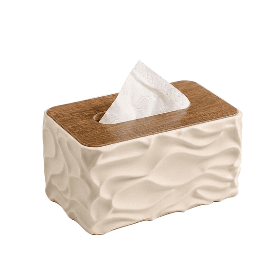 ROSEXIXI Tissue Box Cover Creamy White Wave Texture Holder with Wood Grain Lid for Home Office Decor