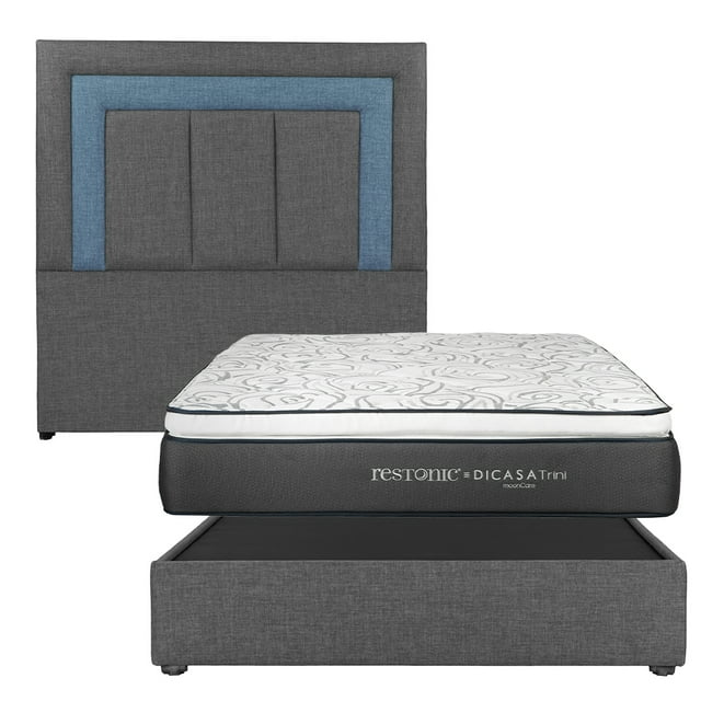 Colchón Matrimonial Trini + Base Cama + Cabecera Bora Gris Oscuro