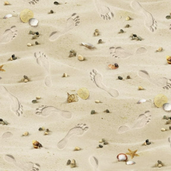 Elizabeth's Studio Landscapes Sand Footsteps on the Beach 100% Cotton Fabric sold by the yard