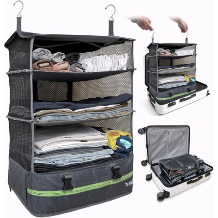 Stow-N-Go Portable Hanging Travel Shelves Packing Organizer for Luggage. Carry on Closet for Clothes. Expandable Packing Cube. Travel Essentials. Dak Gray - XL
