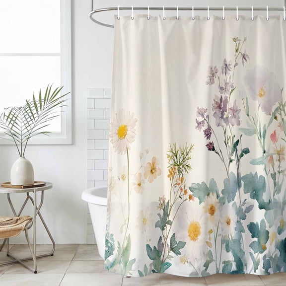 Watercolor Spring Floral Waterproof Fabric Shower Curtain,Farmhouse Daisy Green Botanical Waterproof Fabric Shower Curtain for Bathroom Bathtubs Shower Curtains with 12 Hooks Extra Long 72x96