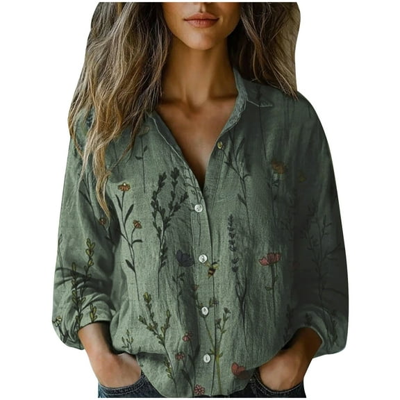 HomeGardon Women Blouses Womens Long Sleeve Tops Ladies' Loose Casual Printed Long Sleeved Imitation and Linen Shirt,S-XXXL