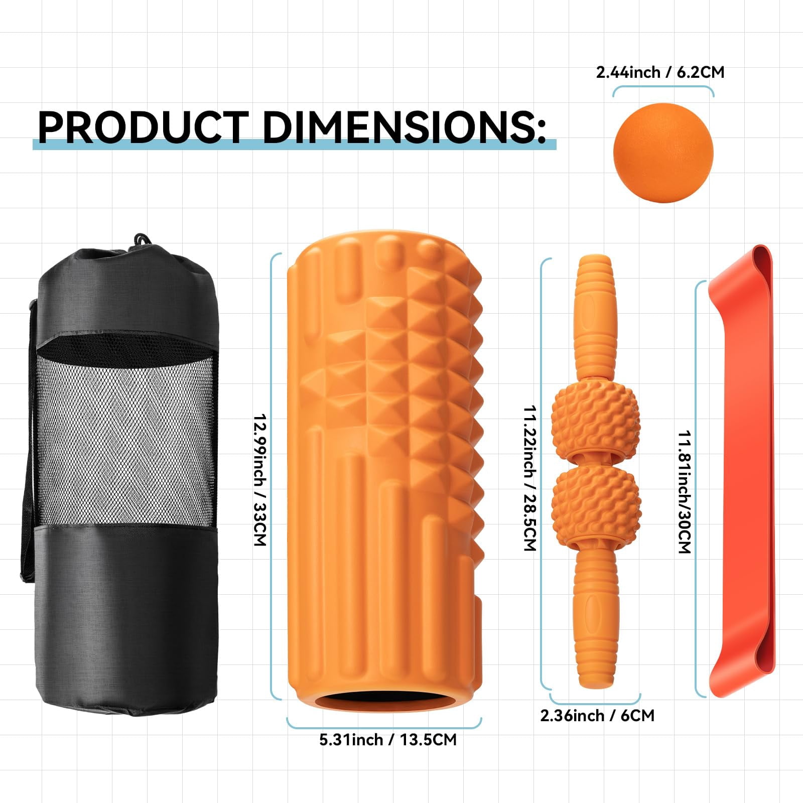 5 In 1 Foam Roller Set  High Density Fitness Exercise For Deep Tissue Massage Ball Resistance Band Whole Body(orange)