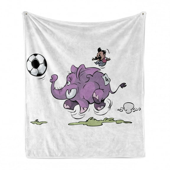 Animal Soft Flannel Fleece Throw Blanket, Playing Soccer with a Kid Mario Moustache Sports Theme Football Print, Cozy Plush for Indoor and Outdoor Use, 50" x 60", Purple White, by Ambesonne
