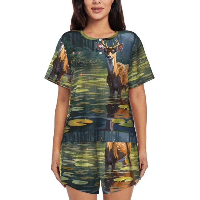 Balery Peaceful Deer Lily Pond Conjunto de Pijama para Mujer con Estampado, Dos Piezas de Manga Corta y Shorts, Ropa de Dormir Suave con Cuello Redondo y Bolsillos-3X-Large