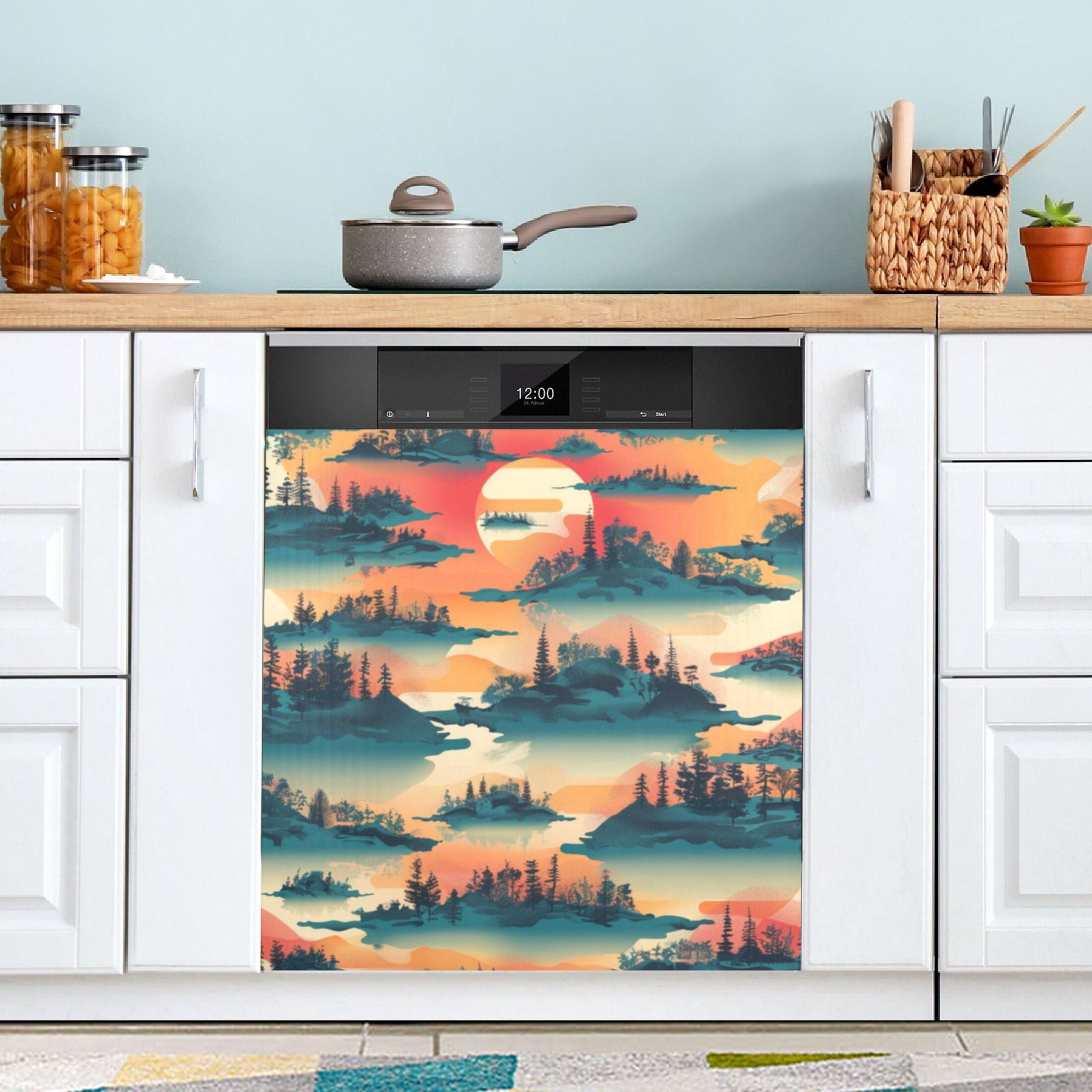 Dishwasher Magnetic Sticker 23x26 Inch Refrigerator Magnetic Sticker Washing Machine Magnetic Sticker Kitchen Panel Magnetic Sticker Home Decor Cartoon Sunsets and Trees