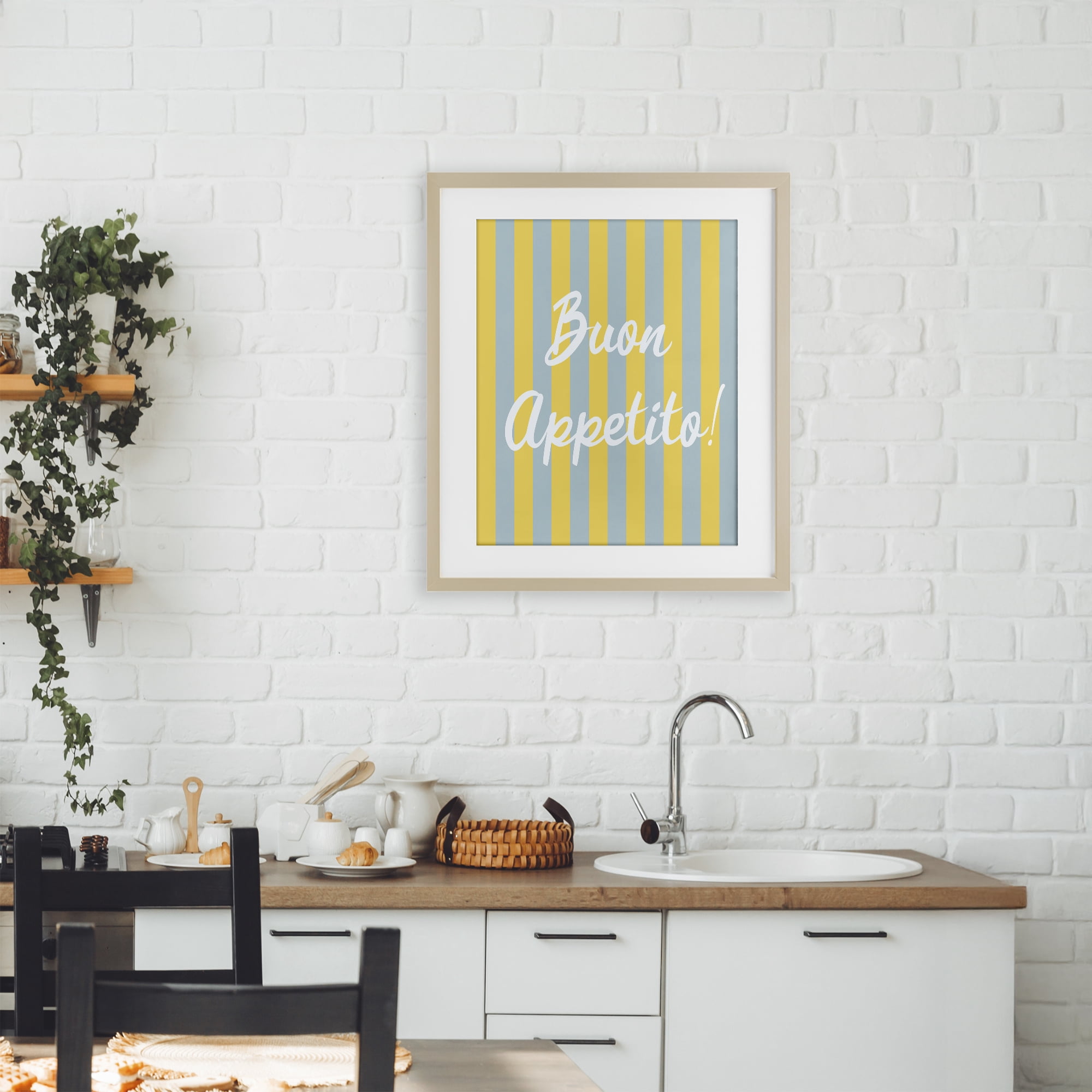 Stupell Industries Buon Appetito Blue Yellow Stripes Birch Framed Print Under Glass, design by SD Graphics Studio