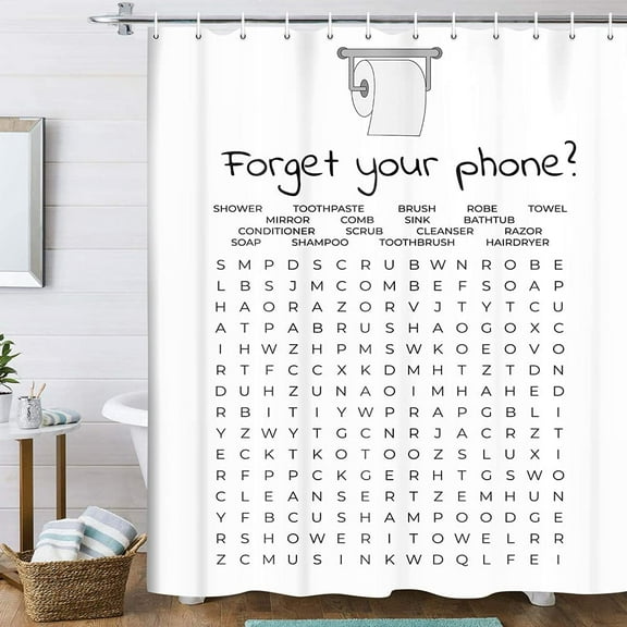 Funny Bathroom Decor Shower Curtain Black and White Bath Curtain, Fun Bathroom Word Search Forget Your Phone Bathroom Humor Shower Curtain Fabric Bathroom Accessories with Hooks 70X70IN