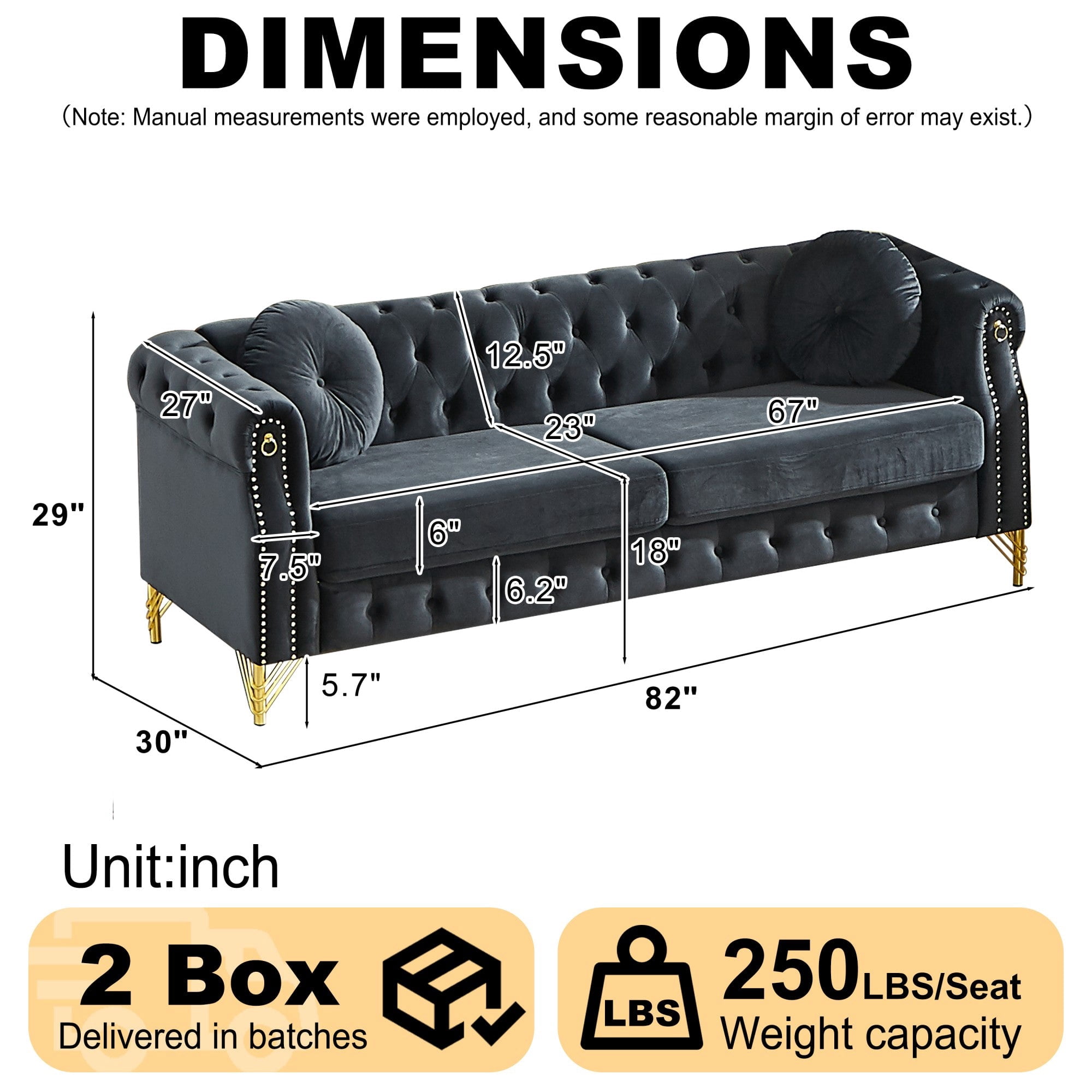 Sailvan 82" Velvet Chesterfield Sofa, Tufted 3-Seater Couch with Gold Metal Legs & Copper Studs, Luxury Living Room Furniture Black