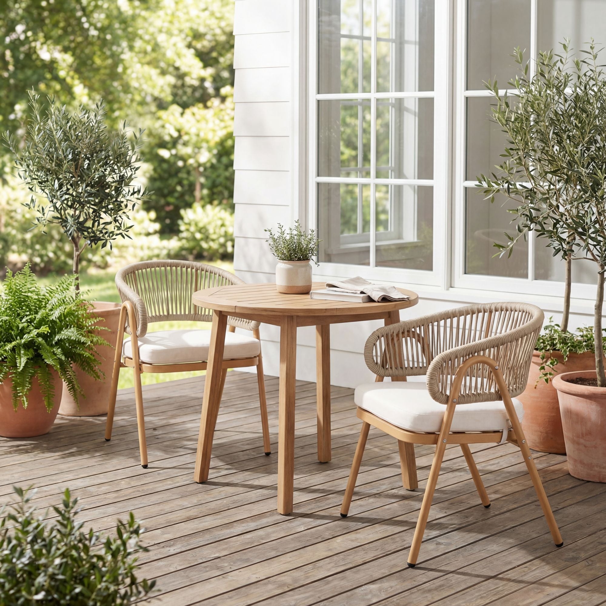 Dayalane Outdoor Dining Chairs Set of 2, Modern Rope Woven Patio Armchairs with Curved Back, Weather-Resistant Metal Frame, Balcony Backyard Bistro Seating, Beige