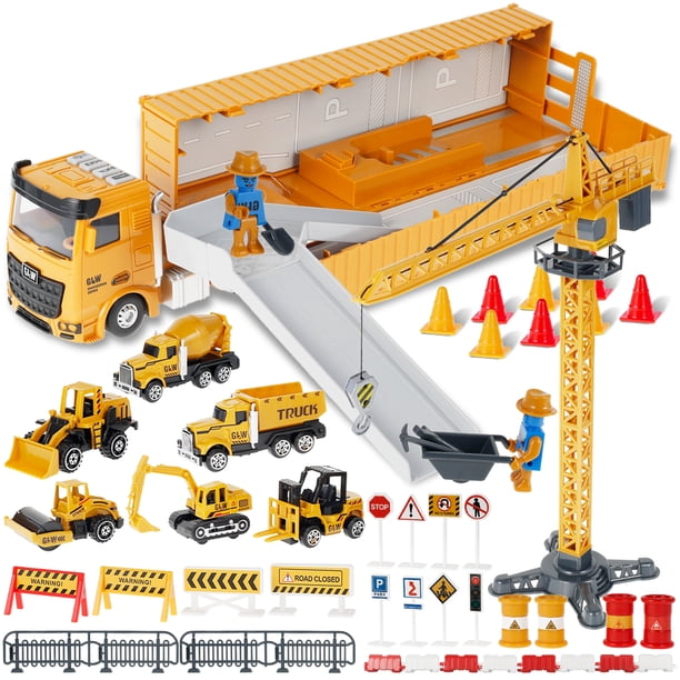 Muyoka Juguetes de construcción Camión Juego de autos Ingeniería Camión Juego Bulldozer Carretilla elevadora Apisonadora Volcado Grúa de elevación Mezcladora de cemento y excavadora Juguete Niños Inge Muyoka Hogar