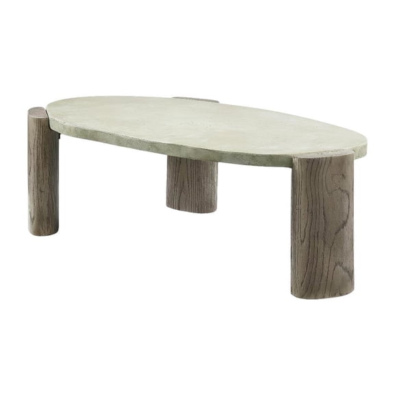 Weathered Gray Cement Coffee Table with Oak Base and Durable Construction