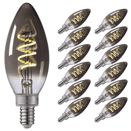 12 Pack Dimmable E12 LED Candelabra Bulb, LED Chandelier Light Bulbs, 60lm, FCC&ETL Listed, 2W LED Filament Candle Bulb C11, Vintage Edison Bulbs, Smoky Grey Glass, 4000K Cool White