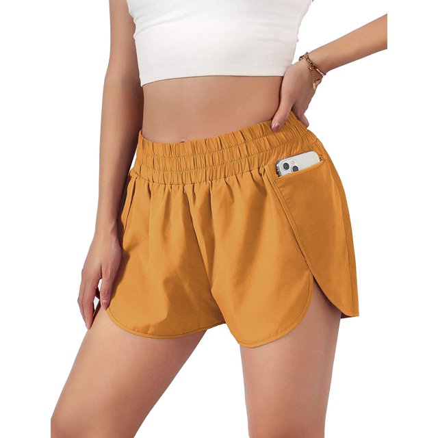 Womens Quick-Dry Running Shorts Sport Layer Elastic Waist Active Workout Shorts with Pockets