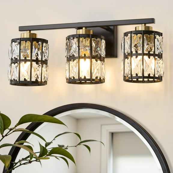 Deyidn 3-Light Black&Gold Bathroom Vanity Light, 18.9" Dimmable Modern Wall Mirror Light Fixture with Cylinder Crystal Shades for Bathroom, Powder Room