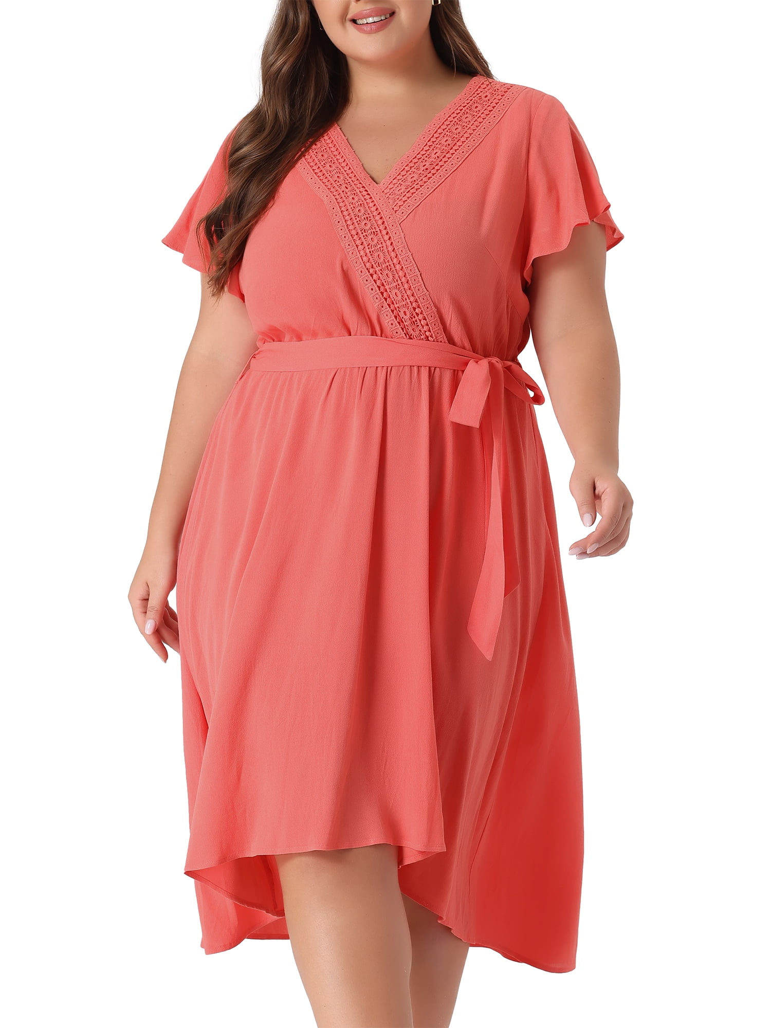 DARING DIVA Plus Size Boho V Neck Short Sleeve High Low Midi Dress 1X Orange Pink