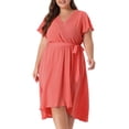 thumbnail image 2 of DARING DIVA Plus Size Boho V Neck Short Sleeve High Low Midi Dress 2X Orange Pink, 2 of 6