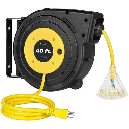 

ZXNYH 40FT Retractable Extension Cord Reel Heavy Duty Power Cord Reel with 3-Lighted Triple Outlets 12AWG/3C SJTOW Cord 15A Circuit Breaker Wall/Ceiling Mounted UL Listed Yellow